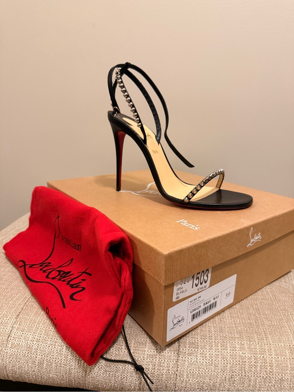 Christian Louboutin Black Studded Slingback Sandals with Red Sole